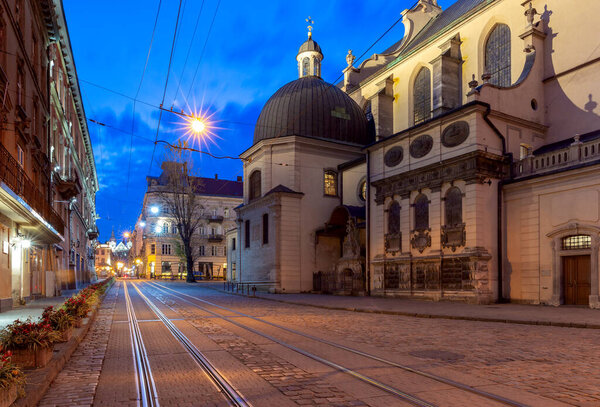 Medieval Town Hall Square in the Old Town at night. Lviv. Ukraine.