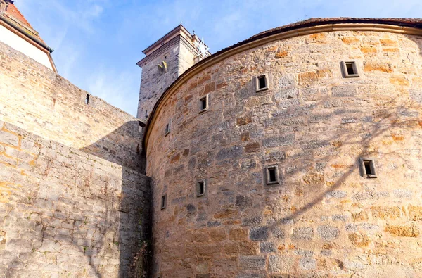 Vista Das Torres Pedra Muralha Fortaleza Parte Histórica Cidade Rothenburg — Fotografia de Stock