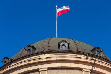 Binanın kubbesinde Polonya bayrağı sallıyordu. Polonya. Poznan..