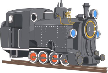 Demiryollarındaki eski siyah buhar lokomotifi beyaz arka planda izole edildi.