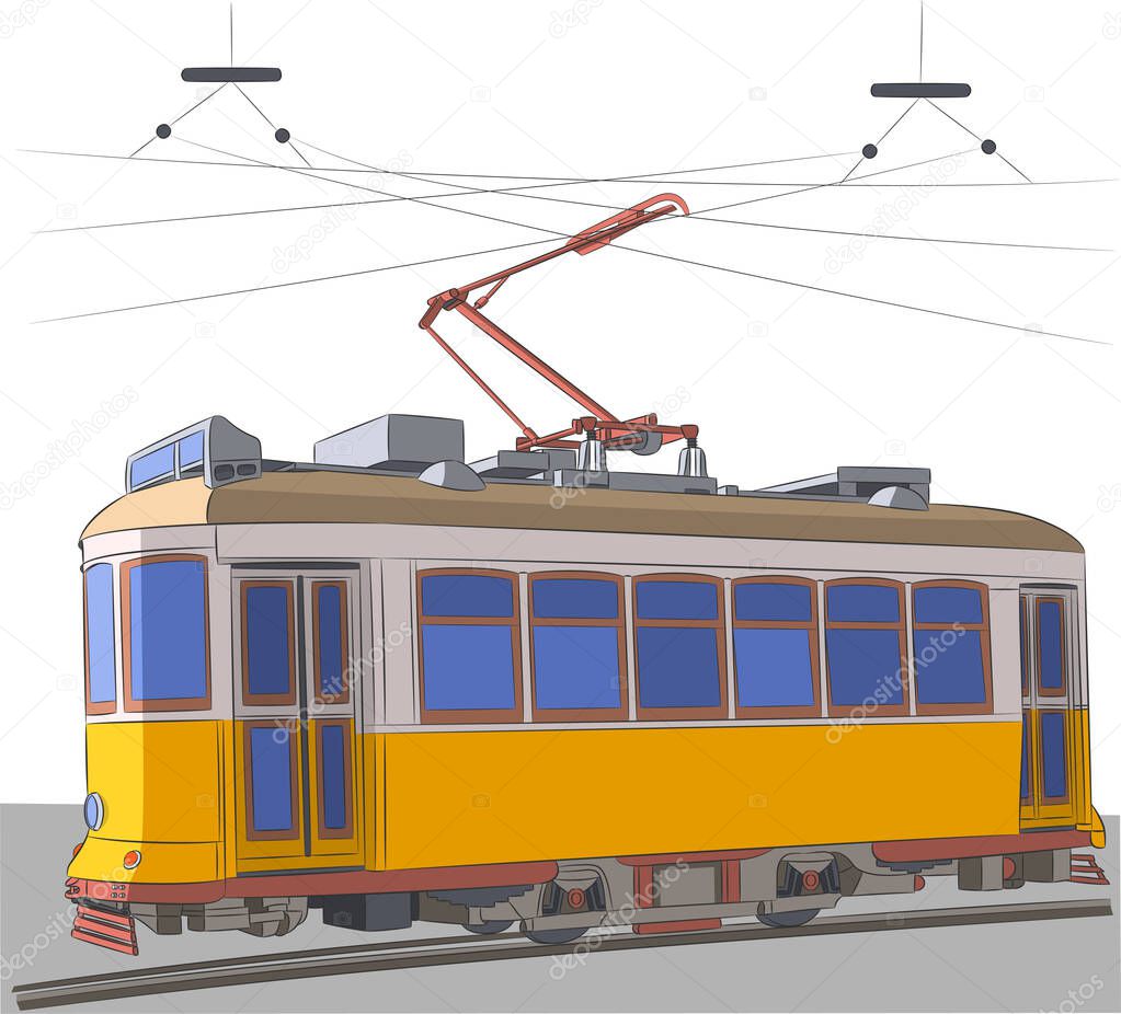 Lisbon. Old yellow tram isolated on a white background.