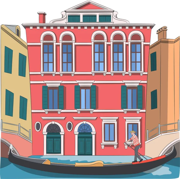 A gondolier in a gondola boat sails along the canal of Venice. — Stock Vector