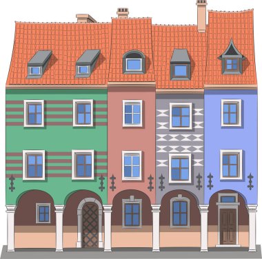 Poznan. Eski kasaba meydanındaki ortaçağ peri evleri.