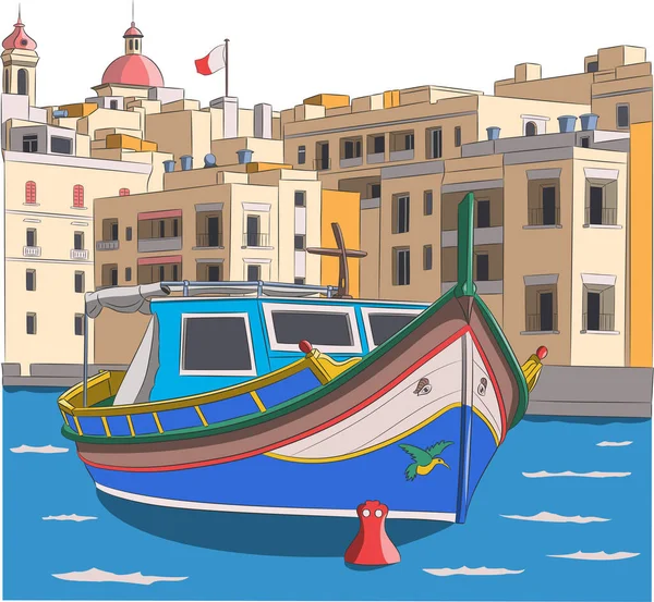 Malta. El colorido barco de pesca tradicional Luzzu contra el telón de fondo de la ciudad de La Valeta. — Vector de stock