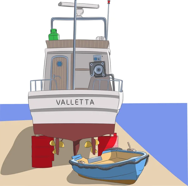 Malta. Un barco de pesca en barriles rojos se encuentra en la orilla. — Vector de stock