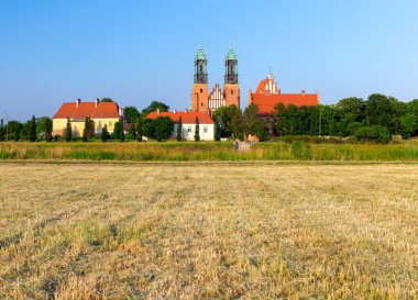 Poznan. Güneşli bir yaz akşamında Tumskiy Adası 'ndaki katedral.