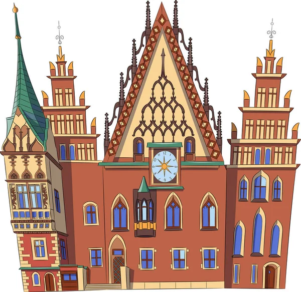 Wroclaw. El antiguo ayuntamiento en la plaza del mercado. — Vector de stock