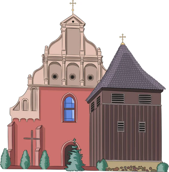 Poznan. La antigua iglesia de piedra de St. Wojciech con un campanario. — Vector de stock