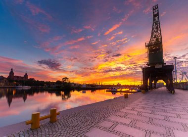 Szczecin. Panorama of the city embankment in the early morning. clipart