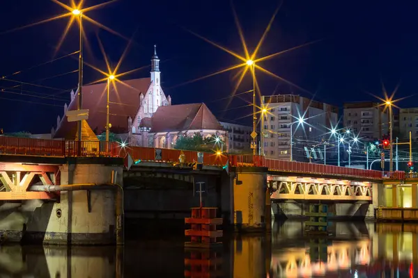 Szczecin. City embankment in the night illumination. — Stock Photo, Image