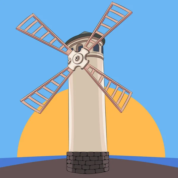 White lighthouse mill on the background of the rising sun. Swinoujscie. — Stock Vector