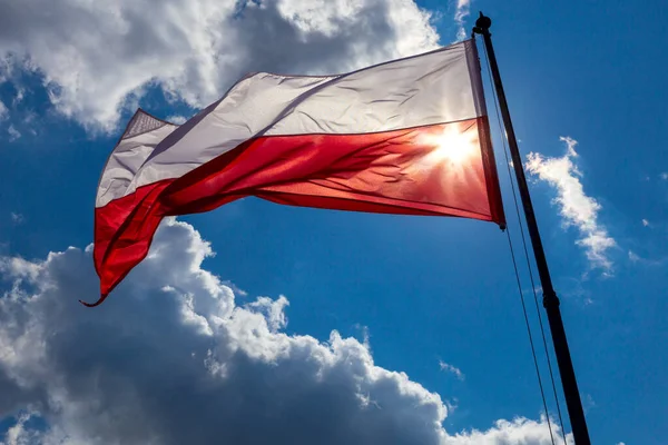 Bandera polaca en un asta de la bandera en un día claro y soleado. —  Fotos de Stock