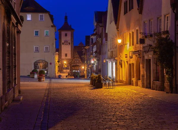 Старая Традиционная Средневековая Улица Ночном Освещении Ротенбург Дер Таубер Баварская — стоковое фото