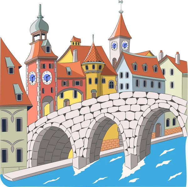 Deutschland. Regensburg. Die alte Brücke im Hintergrund der Altstadt. — Stockvektor