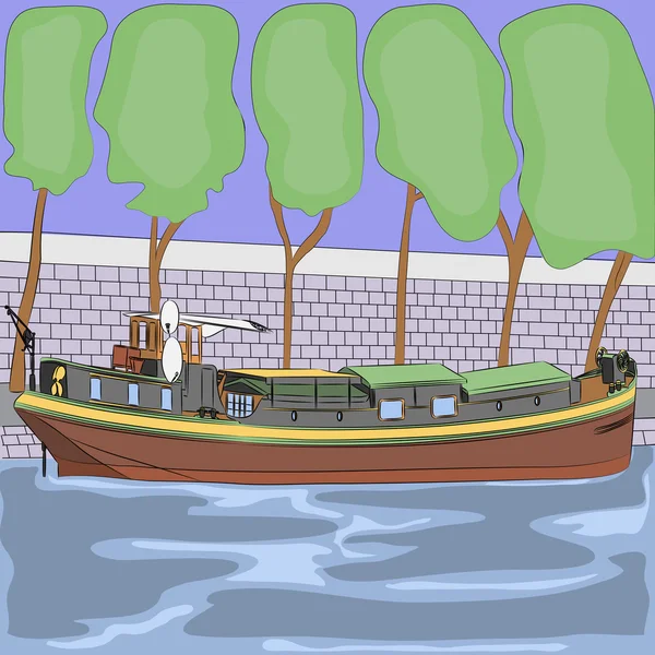 Barcaza vectorial en el río Sena — Vector de stock