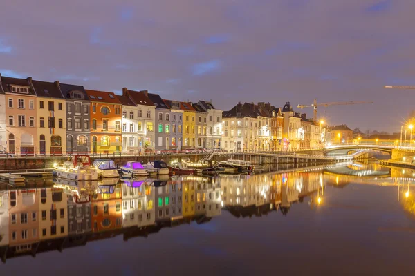 Gent. Floden Leie på natten. — Stockfoto