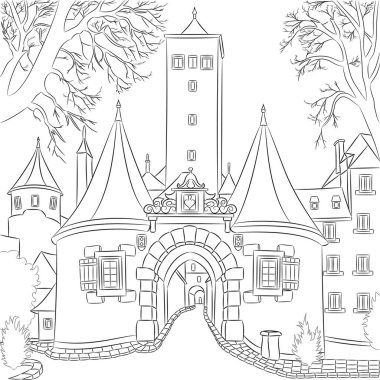 Almanya 'nın Rothenburg ob der Tauber kentindeki şehir kapısının siyah beyaz vektör çizimi