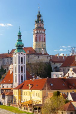 Historic tower and town buildings in Cesky Krumlov Czech Republic