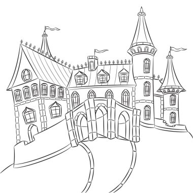Kuleleri ve beyaz arka planda güçlendirilmiş duvarı olan bir kalenin siyah beyaz çizimi