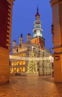 Poznan, Polonya 'daki Eski Pazar Meydanı' nda aydınlatılmış Poznan Belediye Binası 'nın önündeki Noel ağacı