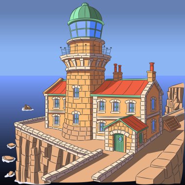 Deniz kenarındaki kayalık kayalıklarda taş bir deniz fenerinin vektör çizimi.
