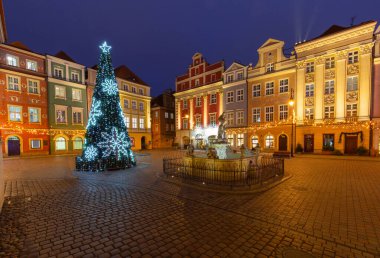 Poznan Polonya 'daki Eski Pazar Meydanı. Kış mevsiminde Noel süslemeleri ve ışıkları var.