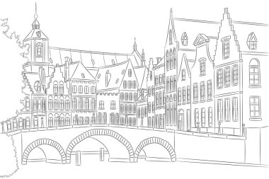 Belçika 'nın Bruges kentindeki tarihi binaların ve kemerli köprünün siyah-beyaz çizimi