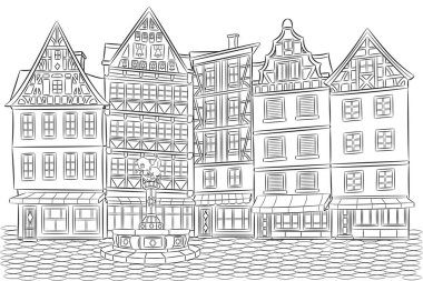 Cochem, Almanya 'da geleneksel yarı keresteli evleri olan bir ortaçağ pazar meydanının siyah-beyaz çizimi