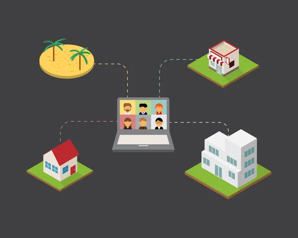 Evden ya da ofisten ya da plajdan ya da deniz vektöründen çalışan çalışanların olduğu hibrid işyeri