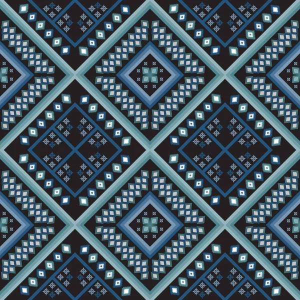Ethnics Geometric Green Blue Seamless Black Background Fabric — Stock Vector
