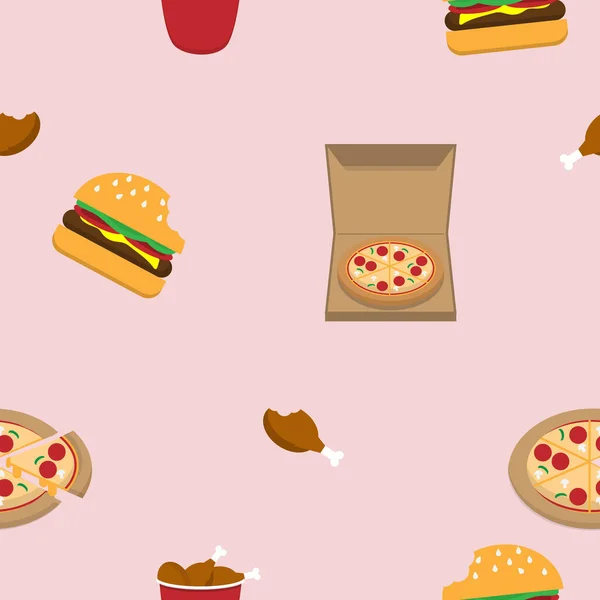 Fast Food Hamburger Fried Chicken Pizza Background Seamless Fabric Pattern — Stock Vector