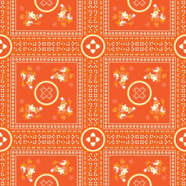 Turuncu arkaplanda kumaş için geometrik dikişsiz çiçekli etnik desenler