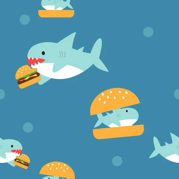 Requin Mignon Mange Burger Tissu Motif Mignon Sans Couture — Image vectorielle