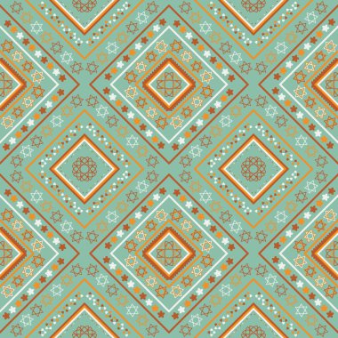 Kumaş için yeşil arka planda geometrik dikişsiz çiçekli etnik desen