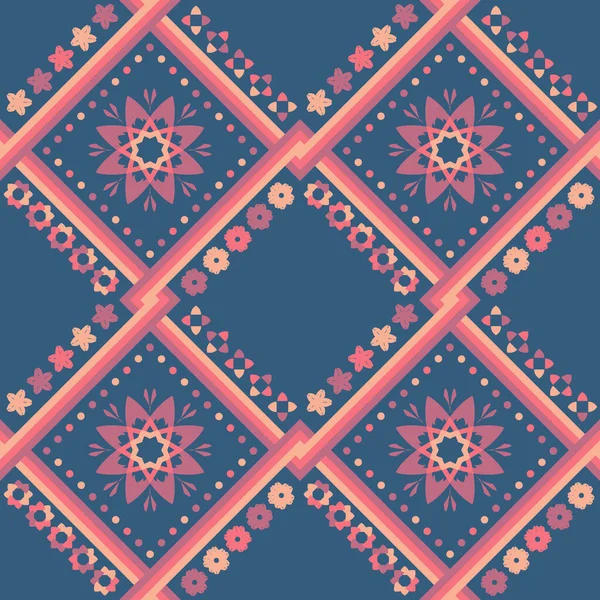 Ethnische Muster Mit Geometrischen Nahtlosen Blume Blauem Hintergrund Für Stoff — Stockvektor