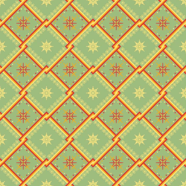 Ethnic Pattern Geometric Seamless Flower Green Background Fabric Autumn Color — 스톡 벡터