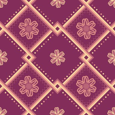 Sonbahar renginde kumaş için mor arka planda geometrik dikişsiz çiçekli etnik desen
