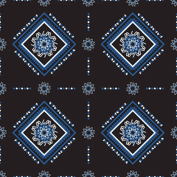 Синий Этнический Узор Геометрическим Бесшовным Квадратом Черном Фоне Ткани — стоковый вектор