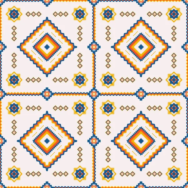 幾何学的なシームレスな正方形の生地のパターンを持つカラフルな民族パターン — ストックベクタ