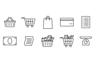 grocery Shopping and Commerce Line Icons Collection