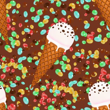 Şeker ve çikolata ile seamless modeli arka plan dondurma konileri