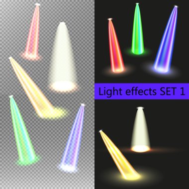 Sahne ışıkları ve neon ışık efektleri kümesi şeffaf ve siyah arka plan üzerinde izole vektör