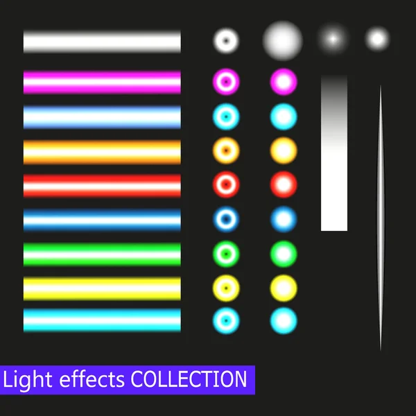 Projecteurs vectoriels et effets de néon Set isolé sur fond transparent et noir — Image vectorielle
