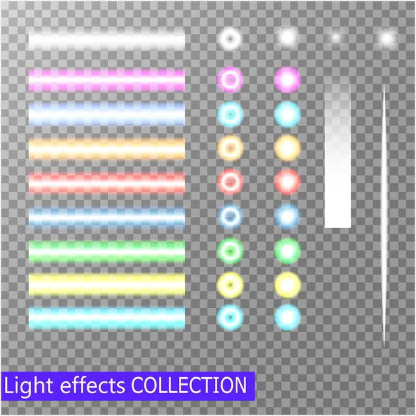 Holofotes de vetor e efeitos de luz de néon Conjunto isolado em fundo transparente e preto — Vetor de Stock