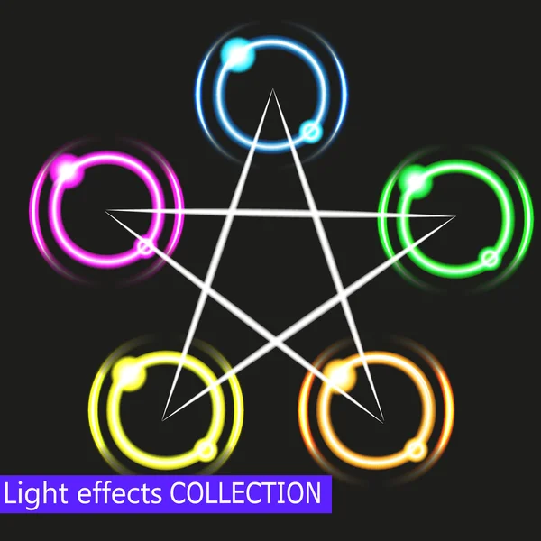 Círculos de luz brillantes abstractos Ilustración de un conjunto de círculos de luz brillantes abstractos con estrellas brillantes sobre fondo negro — Vector de stock