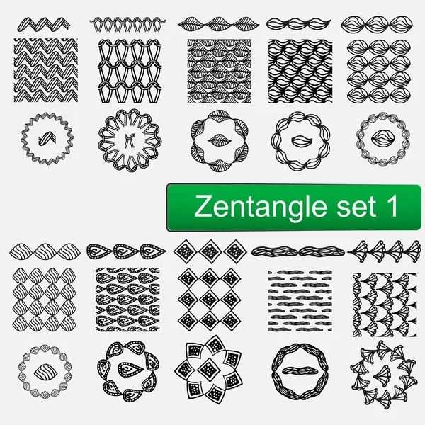 Zentangle Vector seamless pattern and brushes set 1, cornici disegnate a mano Stampe monocromatiche hipster, sfondi con scarabocchi lineari — Vettoriale Stock