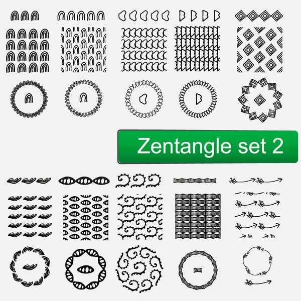 Zentangle Vector seamless pattern and brushes set 1, cornici disegnate a mano Stampe monocromatiche hipster, sfondi con scarabocchi lineari — Vettoriale Stock