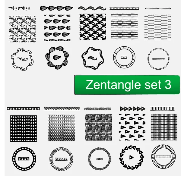 Zentangle Vector seamless mönster och penslar set, hand dras ramar monokrom hipster utskrifter, bakgrunder med linjär doodles — Stock vektor