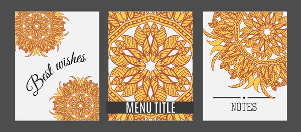 Sjablonen met bloemen mandala patroon en ornamenten. Vector Flyer Oosterse ontwerpsjabloon lay-out. Islam, Arabische, Indiase, Ottomaanse motieven. — Stockvector