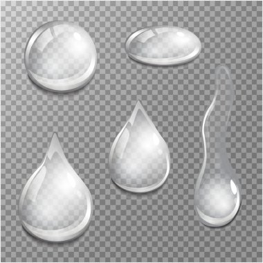 Set of transparent drops in gray colors. Transparency only in vector format. Can be used with any background. clipart